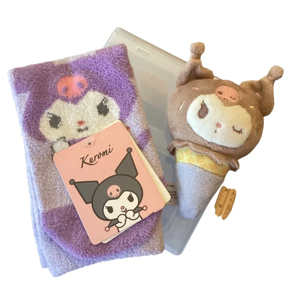 Sanrio Kuromi Miniso Fuzzy Socks and Gund Ice Cream Plush Keychain Bundle Purple